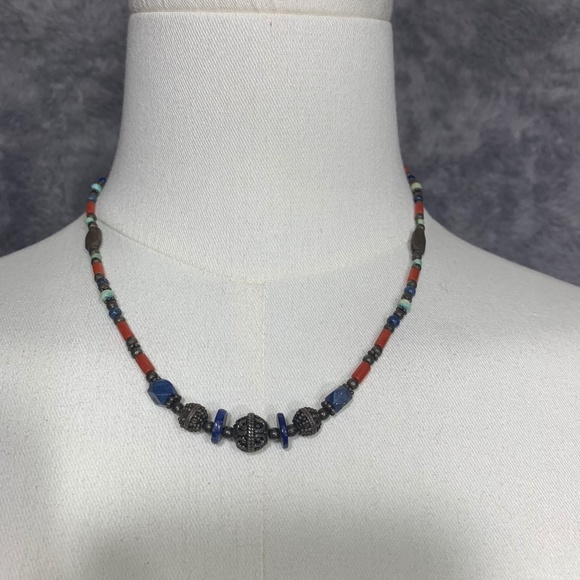 Tribal Beaded Necklace Ethnic Boho Coral Red Blue Stone Turquoise Style Vintage - Picture 1 of 4